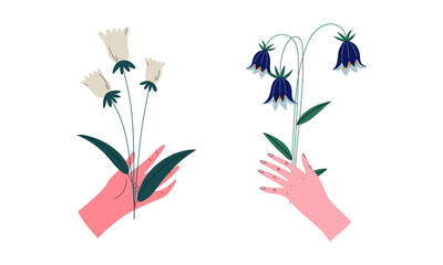 Human Hand Holding Bouquet or Bunch of Blooming Flowers Vector Set
