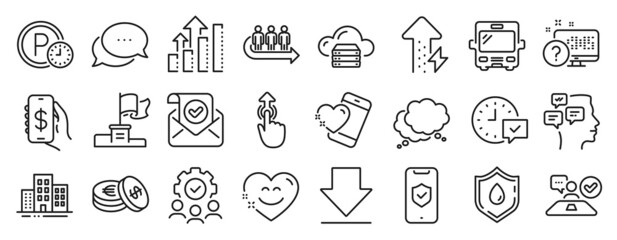Set of Business icons, such as Buildings, Bus, Swipe up icons. Cloud server, Winner flag, Phone protection signs. Queue, Speech bubble, Messages. Heart, Parking time, Money app. Smile chat. Vector