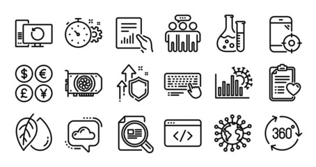 Mineral oil, Document and Coronavirus statistics line icons set. Secure shield and Money currency exchange. Gpu, Seo phone and Cloud communication icons. Vector