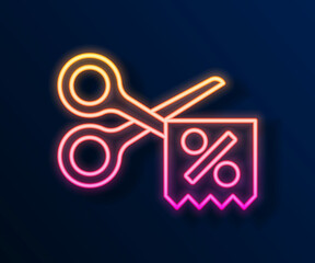 Glowing neon line Scissors cuts discount coupon icon isolated on black background. The concept of selling in an online supermarket at low prices or half the cost. Vector