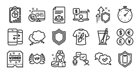 Tea mug, Timer and T-shirt design line icons set. Secure shield and Money currency exchange. Consulting business, Web call and Approved icons. Online shopping, Winner ticket and Report signs. Vector