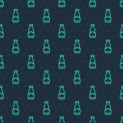 Green line Sauce bottle icon isolated seamless pattern on blue background. Ketchup, mustard and mayonnaise bottles with sauce for fast food. Vector