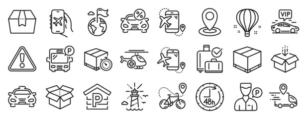 Set of Transportation icons, such as Location, Baggage reclaim, Air balloon icons. Delivery box, Open box, Medical helicopter signs. Destination flag, Car leasing, Bus parking. Parking. Vector