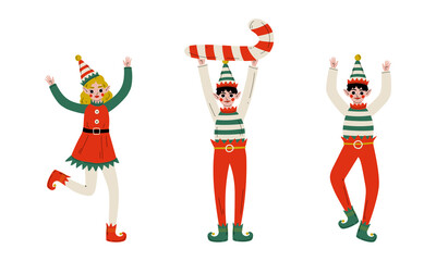 Christmas Elf with Pointy Ears and Hat as Santa Helper Cheering and Holding Candy Cane Vector Set