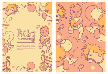Fototapeta na wymiar Baby shower editable template with copy space, frame for text or quote. Two-sided printable layout. Used as cover, card, invitation, horizontal frame for web banner.
