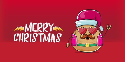 vector rock star santa potato funny cartoon cute character with with red santa hat and calligraphic merry christmas text isolated on red horizontal background. rock n roll christmas party banner