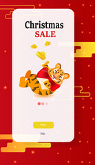 cute tiger having fun new year christmas holidays sale greeting card vertical