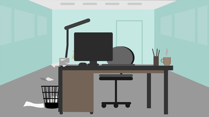 Office workplace. Vector image of a workplace without people in the office. View of a desk with a computer and office supplies. Working environment.