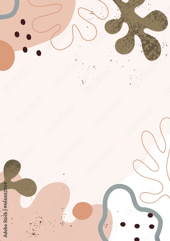 Aufkleber Abstract background with organic geometric shapes, lines, dots and leaf. Modern minimal card design with trendy natural forms and leaves frame, random nature blots and blobs. Flat vector illustration