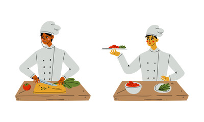 Young Man and Woman Cooking in the Kitchen Chopping Vegetable and Serving Salad on Plate Vector Set