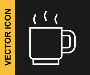 White line Coffee cup icon isolated on black background. Tea cup. Hot drink coffee. Vector