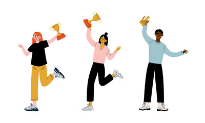Excited Man and Woman Winner Holding Cup Award and Cheering Vector Illustration Set