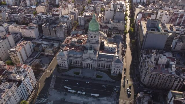 Rotating aerial view over Palace of Argentina National Congress building, Buenos Aires, Argentina.
