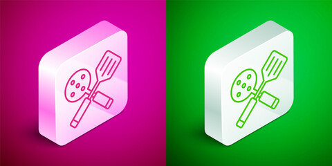 Isometric line Spatula icon isolated on pink and green background. Kitchen spatula icon. BBQ spatula sign. Barbecue and grill tool. Silver square button. Vector