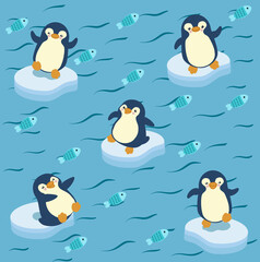 Illustration pattern of funny penguin eating a fish on a piece of ice