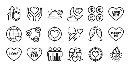 Fototapeta premium Love him, Heart target and Champagne glasses line icons set. Secure shield and Money currency exchange. Valentine target, Wedding glasses and For ever icons. Vector