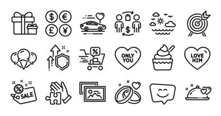 Ice creams, Honeymoon travel and Smile face line icons set. Secure shield and Money currency exchange. Surprise package, Sale and Puzzle icons. Marriage rings, Archery and Ice cream signs. Vector