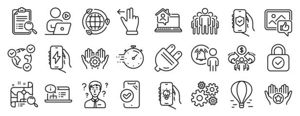 Set of Technology icons, such as Employee hand, Support consultant, Electric plug icons. Touchscreen gesture, Group, Video conference signs. Charging app, Security app, Security lock. Vector