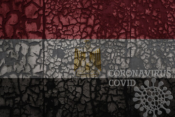 flag of egypt on a old metal rusty cracked wall with text coronavirus, covid, and virus picture.