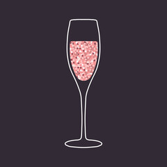 Illustration of champagne glass with of realistic pink glitter dust isolated on dark background. Perfect for holiday card or elegant party invitation.