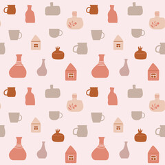 Seamless pattern with pottery ceramic tableware.