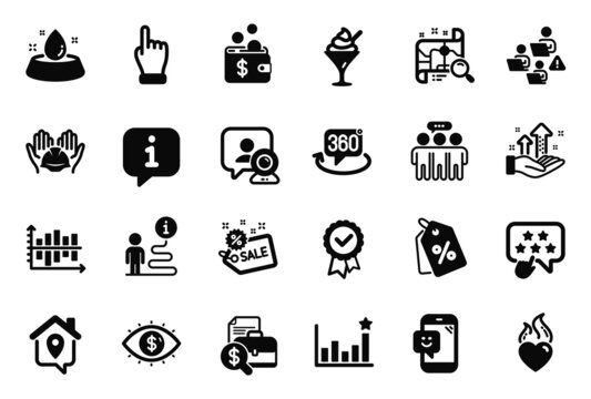 Vector Set of Business icons related to Water bowl, 360 degree and Tested stamp icons. Click hand, Teamwork and Sale signs. Efficacy, Builders union and Analysis graph. Heart flame, Smile. Vector