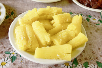 Boiled cassava or tapioca on a plate
