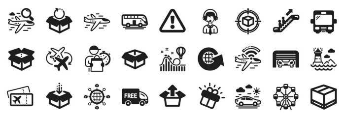 Set of Transportation icons, such as Escalator, Parcel tracking, Send box icons. Lighthouse, Warning, Gift signs. Bus tour, Open box, Logistics network. Roller coaster, Boarding pass, Bus. Vector