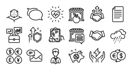 Rainy weather, Heartbeat and Piggy sale line icons set. Secure shield and Money currency exchange. Prescription drugs, Business portfolio and Augmented reality icons. Vector