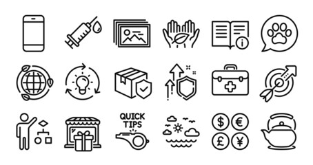 Gift shop, Travel sea and Smartphone line icons set. Secure shield and Money currency exchange. Technical info, Pets care and Image gallery icons. Medical syringe, Eco energy and Teapot signs. Vector