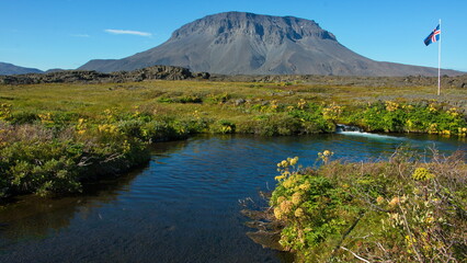 Fototapeta premium View of the mountain Herdubreid from the restplace Porsteinskali at the river Lindaa in Iceland, Europe 