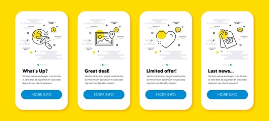 Vector set of Photo location, Search flight and Heart line icons set. UI phone app screens with line icons. Sale tag icon. Image album, Airplane trip, Love. Shopping cart. Phone UI banners. Vector