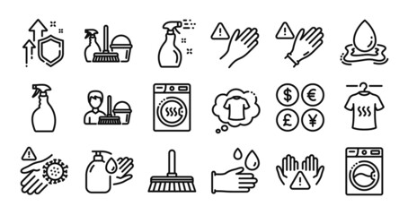 Dont touch, Clean hands and Water splash line icons set. Secure shield and Money currency exchange. Use gloves, Spray and Wash hand icons. Washing machine, Wash hands and Cleaning mop signs. Vector