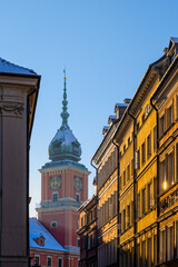 Sunset in Old Town of Warsaw in Poland