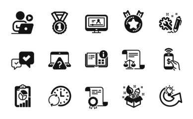 Vector set of Online question, Phone payment and Creativity icons simple set. Online video, Update time and Ranking star icons. Legal documents, Certificate and Engineering signs. Vector