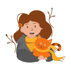 A girl in a gray coat with a cat in her arms is isolated. Vector illustration of a red cat in a scarf