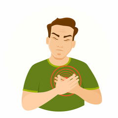 Chest pain concept. Heartache. Man with Heart Attack. Character with Chest Pain. Isolated. Vector Illustration in Flat Cartoon Style. Health and Medical. Heart attack, stroke concept.