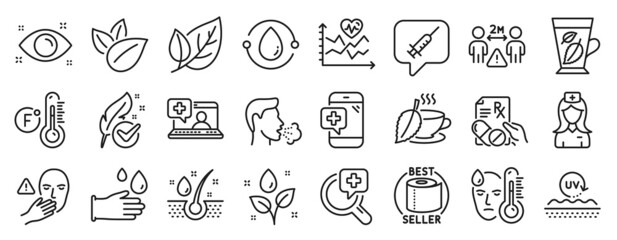 Set of Healthcare icons, such as Social distance, Plants watering, Medical help icons. Dont touch, Fever, Medical phone signs. Toilet paper, Fahrenheit thermometer, Health eye. Serum oil. Vector