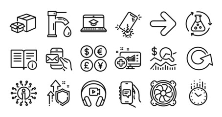Time, Tap water and Headphones line icons set. Secure shield and Money currency exchange. Smartphone broken, Technical info and Messenger mail icons. Medical analytics, Chat app and Info signs. Vector