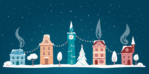 Winter old town street. Night city landscape with decorative old buildings, fir tree and garland. Winter town. Christmas town illustration. Vector illustration in flat style