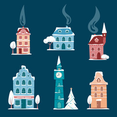 Set of isolated retro decorated buildings with snowy tree and fir tree. Holiday and celebration, winter architecture. Vector illustration in flat style. Season`s Greetings