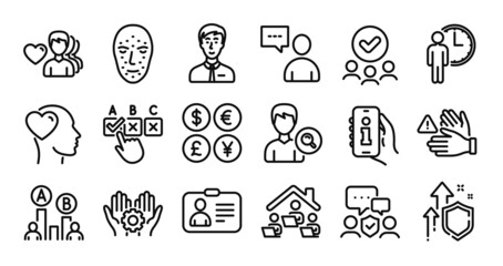 Friend, Employee hand and Id card line icons set. Secure shield and Money currency exchange. Users chat, Dont touch and Businessman person icons. Vector