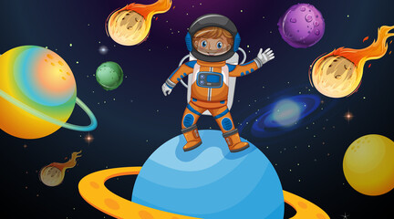 Astronaut kid standing on Satern planet in space scene © GraphicsRF