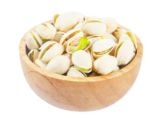 pistachio with shell nuts in wooden bowl isolated on white background.