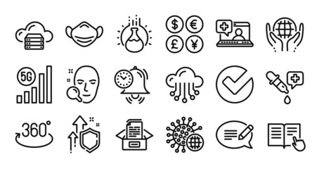 Chemistry pipette, Chemistry experiment and Coronavirus line icons set. Secure shield and Money currency exchange. Medical help, Organic tested and Time management icons. Vector