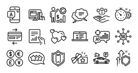 Web lectures, Heart and Credit card line icons set. Secure shield and Money currency exchange. 5g technology, Employees wealth and Smartphone protection icons. Vector