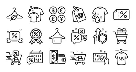 Wallet money, Dry t-shirt and Discounts ribbon line icons set. Secure shield and Money currency exchange. Discount medal, Discounts calendar and Discount coupon icons. Vector