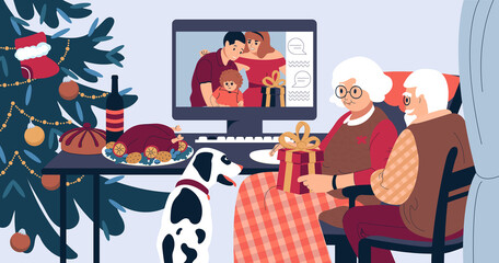 Christmas family holiday dinner online. Elderly people talk to young people on a computer monitor. Flat vector illustration.
