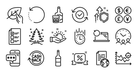 Fast delivery, Internet document and Whiskey glass line icons set. Secure shield and Money currency exchange. Discounts ribbon, Wine and Meeting time icons. Vector