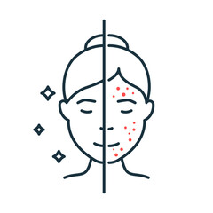 Woman with Acne and Clean Face Skin Line Icon. Female Skincare for Cleansing Face and Problem Skin Outline Icon. Girl Before and After Skin Treatment Linear Pictogram. Isolated Vector Illustration